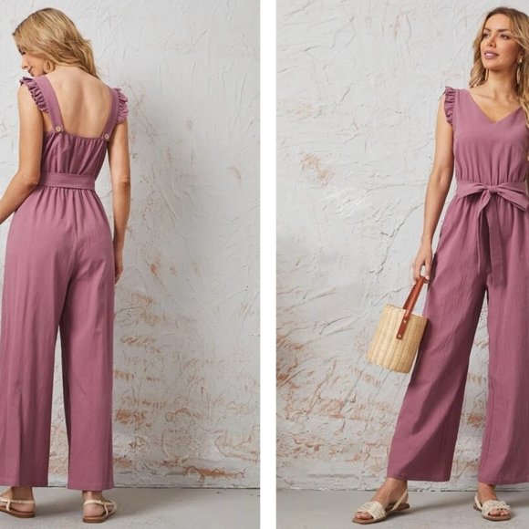 6 For $30 ✅ SALE NEW! V Neck Ruffle Armhole Belted Palazzo Jumpsuit - Picture 1 of 2